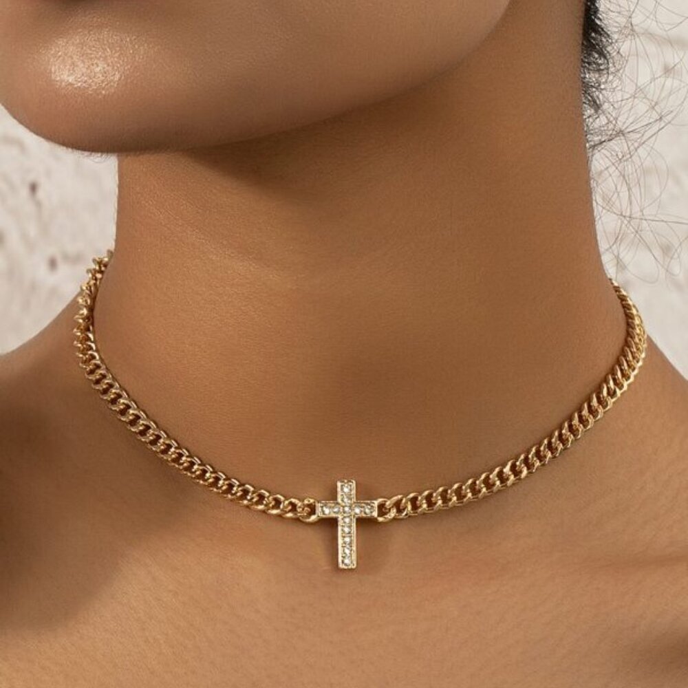 18K Gold Filled Cross Cuban Chain Choker Necklace